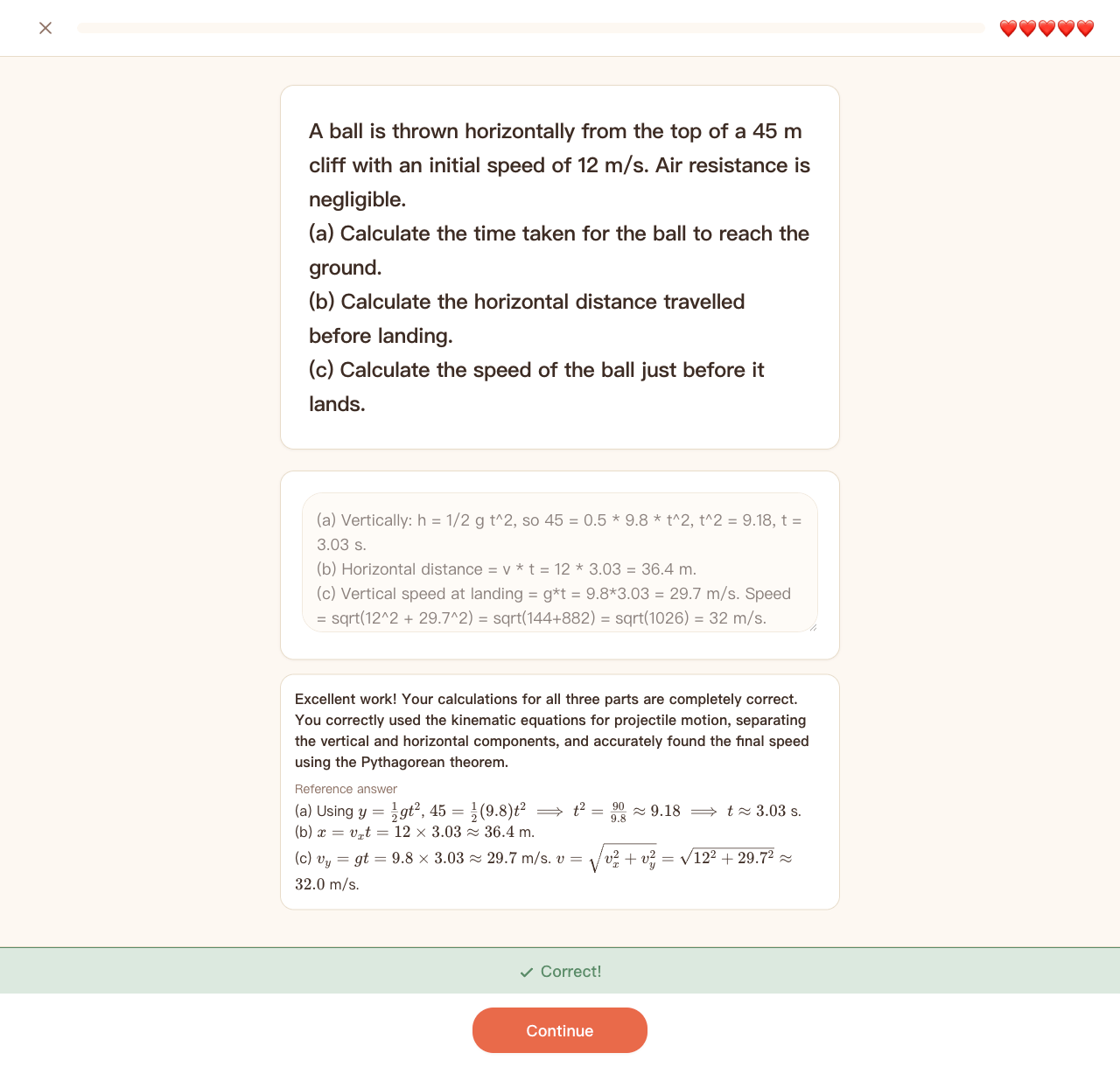 Tali's practice session showing an open-ended physics question, the student's full worked answer, marked Correct, with Tali's written feedback and the reference solution below.